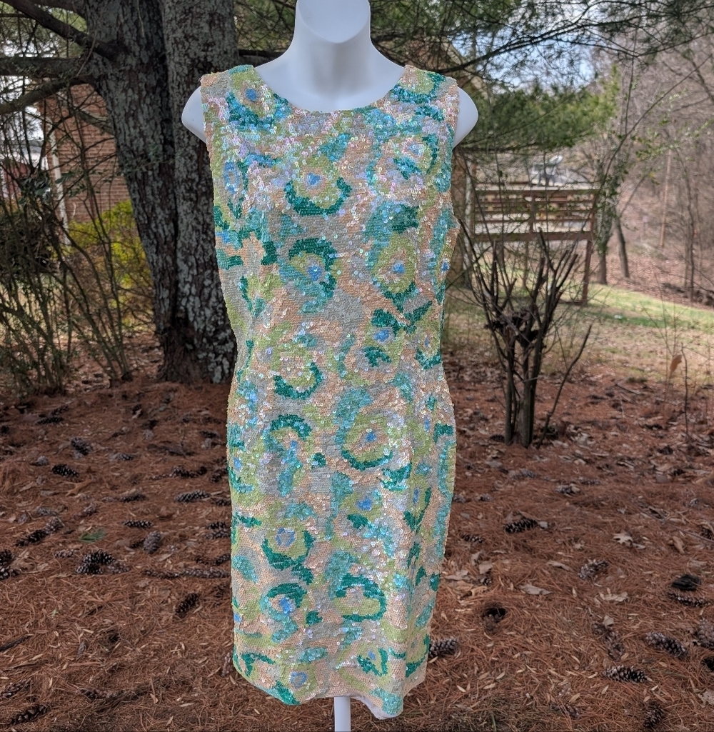 Vintage Black Tie Green Cream Sequin Evening Cocktail Party Mini Dress Small